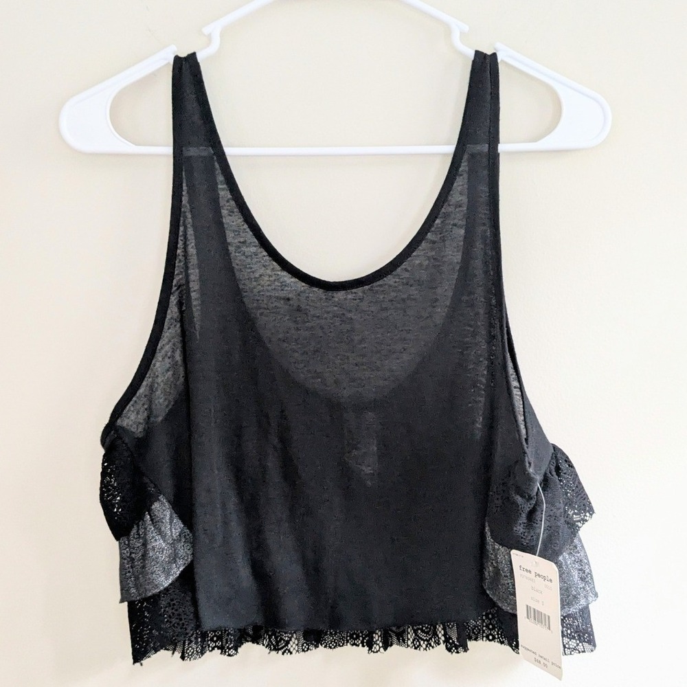 Free‎ People Black Size S Sleeveless Lace Trim Ruffle Cropped Tank Top NWT $68